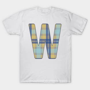 Monogram Letter W, Blue, Yellow and Grey Scottish Tartan Style Typography Design T-Shirt